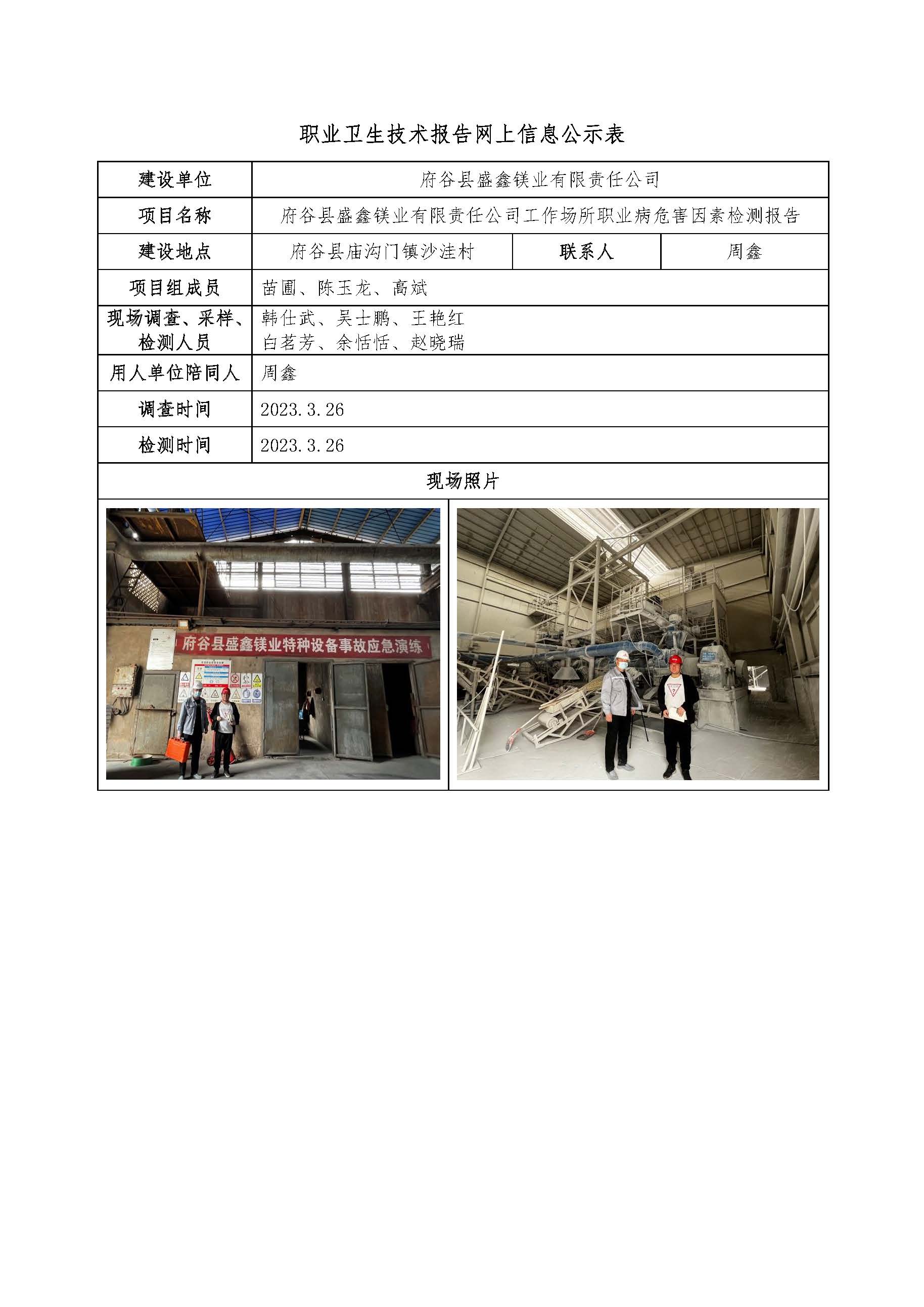 府谷縣盛鑫鎂業有限責任公司工作場所職業病危害因素檢測報告