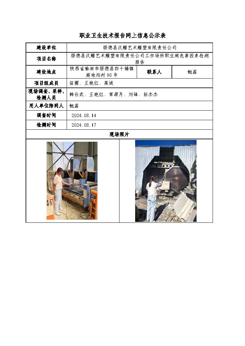 綏德縣漢雕藝術雕塑有限責任公司工作場所職業(yè)病危害因素檢測