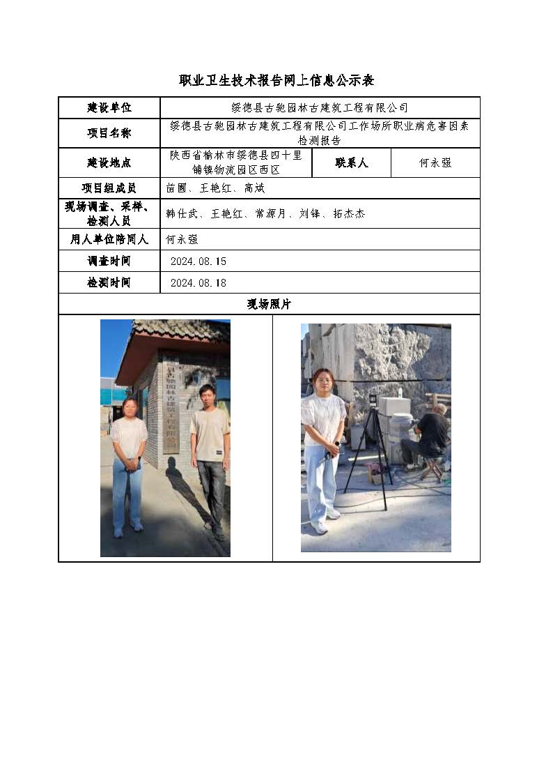 綏德縣古馳園林建筑工程有限公司職業病危害因素檢測